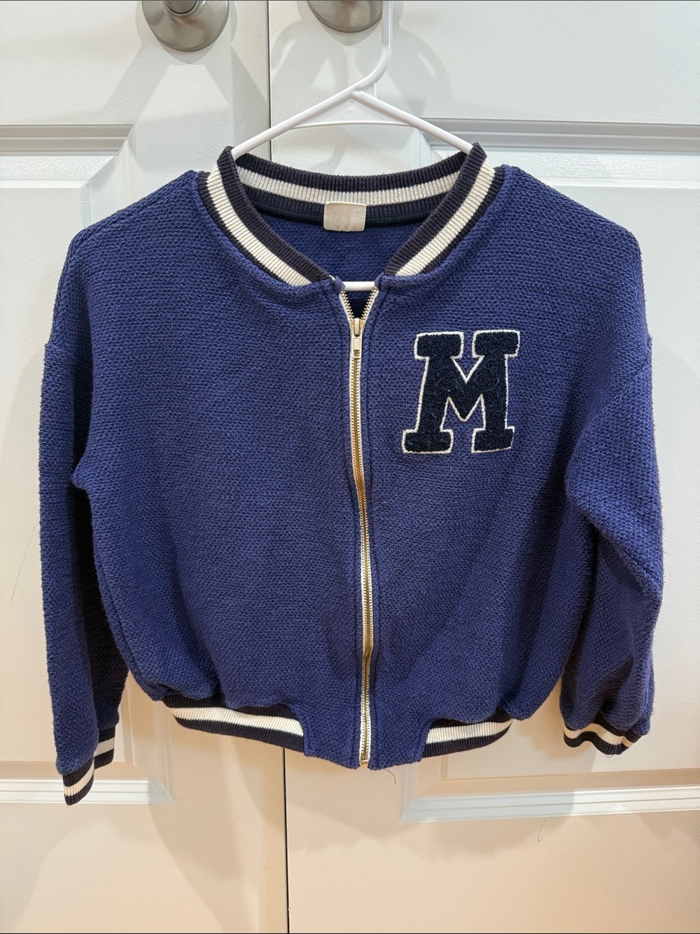 Zara Navy Blue Kids Varsity Zip-Up Sweatshirt with Striped Trim